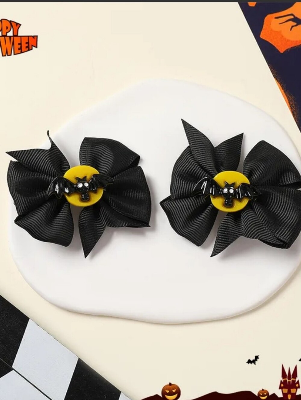 Halloween Bat Ribbon Hair Clips Set